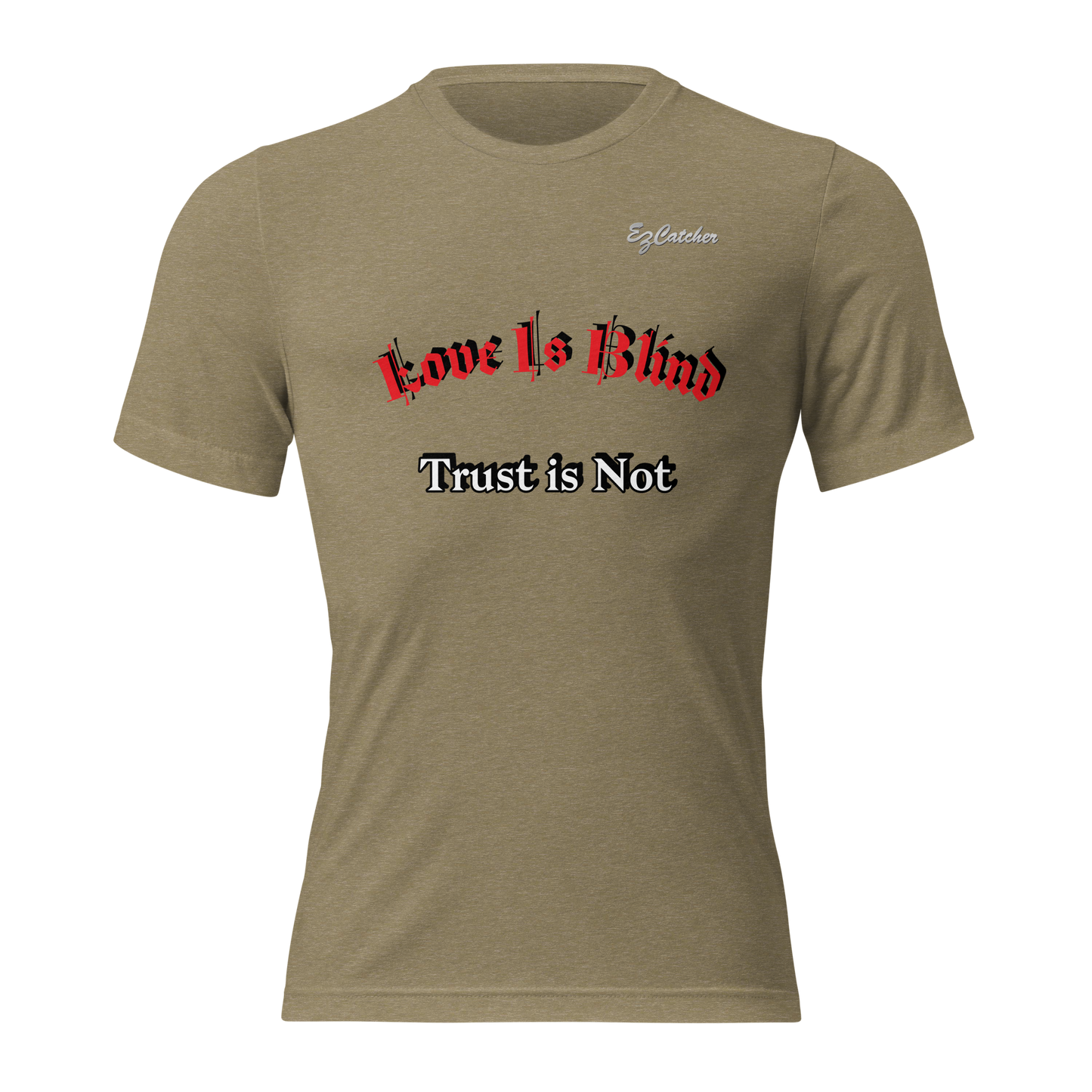 The image is a unisex tri-blend t-shirt in olive green. The shirt features a simple and classic design with short sleeves and a crew neckline. The fabric appears soft and lightweight, providing a comfortable and casual fit. The color is a muted olive green, suitable for both men and women, making it a versatile addition to any wardrobe.